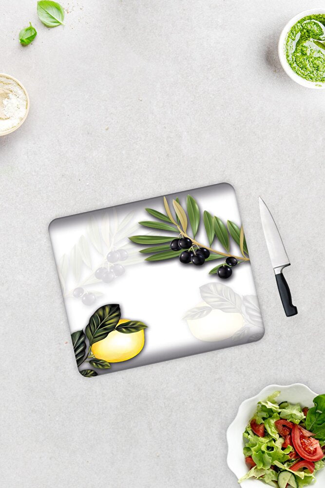 Zeytin Ve Limon Desen | Cam Kesme Tahtası - Cam Kesme Tablası | 29cm X 34cm