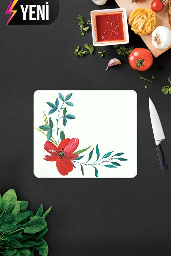 Çiçek Motifi Desenli | Cam Kesme Tahtası - Cam Kesme Tablası | Çap 32cm