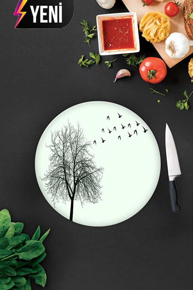 Ağaç ve Kuş Desenli | Cam Kesme Tahtası - Cam Kesme Tablası | 20cm x 30cm