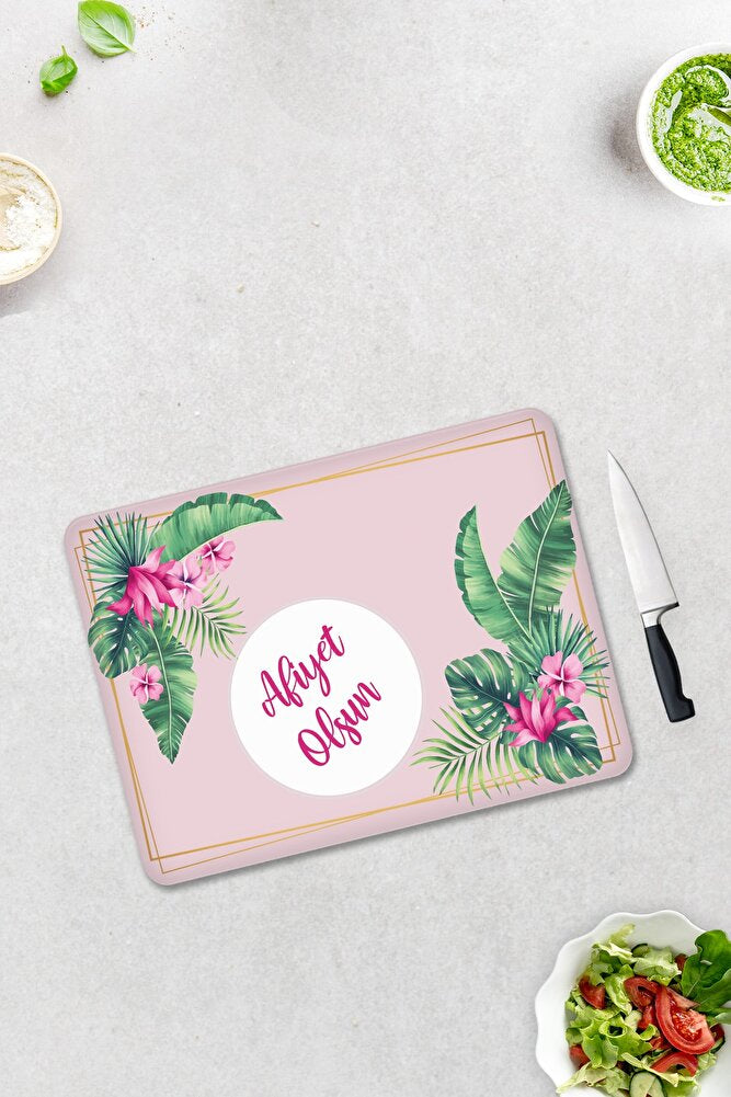 Bon Appetit | Tropik Flamingo | Cam Kesme Tahtası - Cam Kesme Tablası | 30cm X 40cm