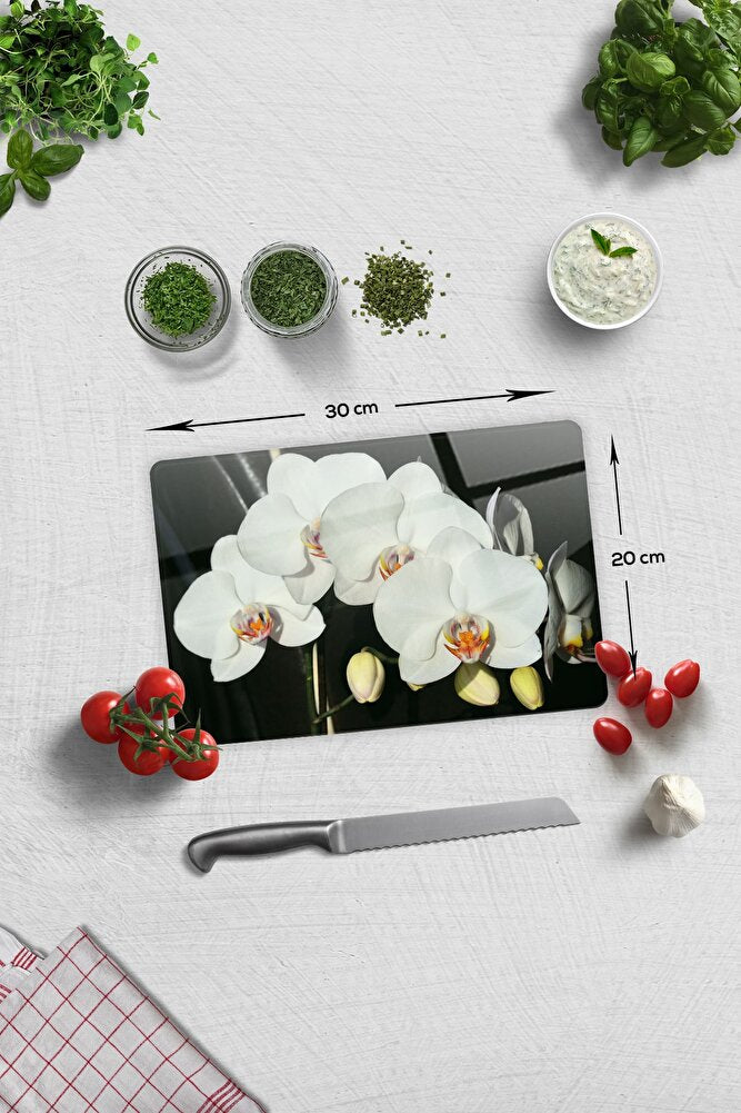 Cam Kesme Tahtası Cam Kesme Tablası  Orkideli Mutfak 20 cm x 30 cm