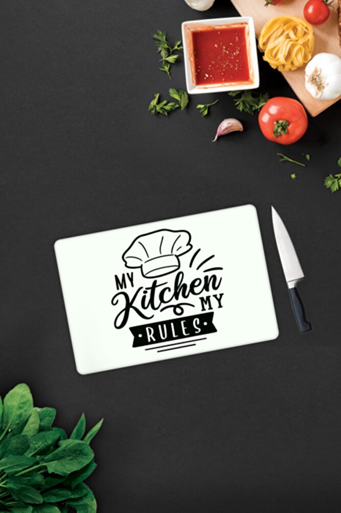 My Kitchen My Rules | Cam Kesme Tahtası - Cam Kesme Tablası | Beyaz Fon | 20cm x 30cm