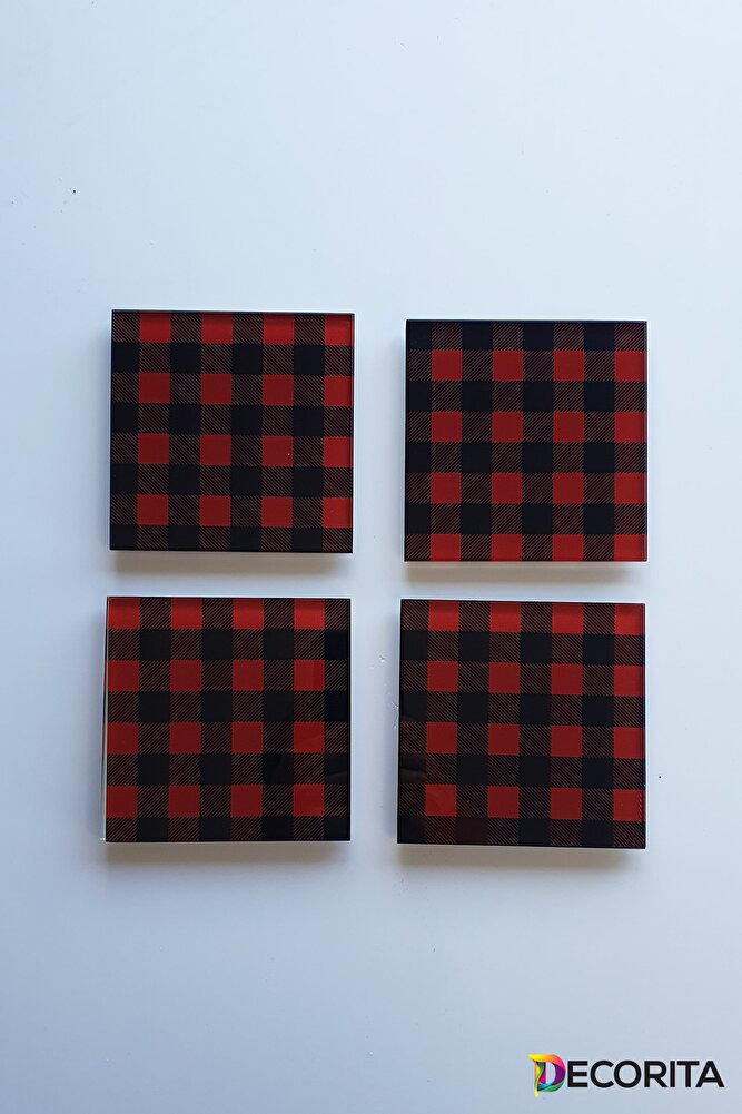Cam Bardak Altlığı | 4'lü Takım Ekose Desen | 10cm X 10cm