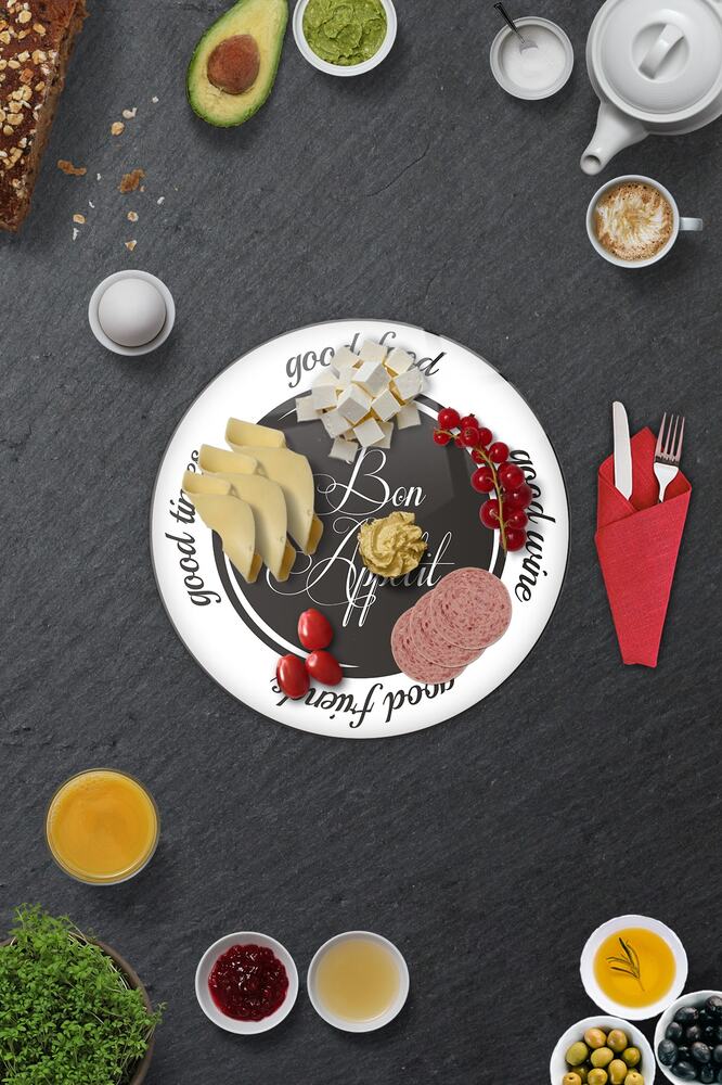 2'li Takım | Cam Tabak - Kahvaltı Tabağı - Pasta Tabağı | Good Food - Siyah Fon | 29cm X 34cm