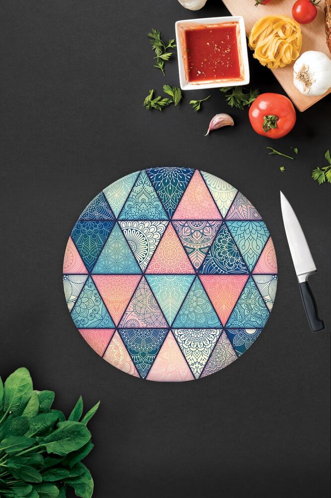 Renkli Mandala Desenli | Cam Kesme Tahtası - Cam Kesme Tablası | 29 cm x 34 cm
