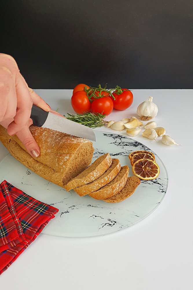 Beyaz Mermer Görünümlü | Cam Kesme Tahtası - Cam Kesme Tablası | Daire Çap 32cm
