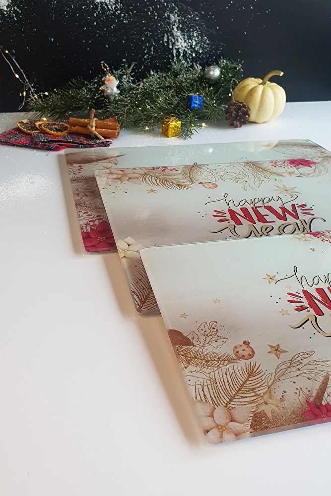 Cam Kesme Tahtası - Cam Kesme Tablası | Happy New Year - Gold | 3'lü Takım