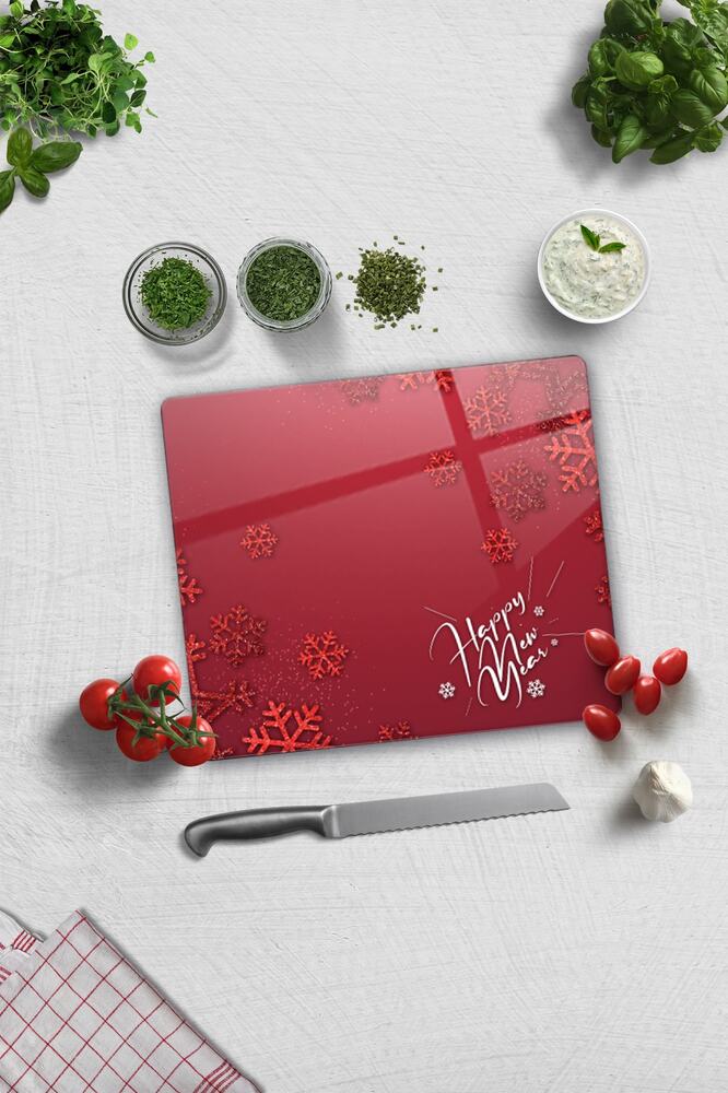 Cam Kesme Tahtası - Cam Kesme Tablası | Happy New Year Kırmızı | 29cm X 34cm