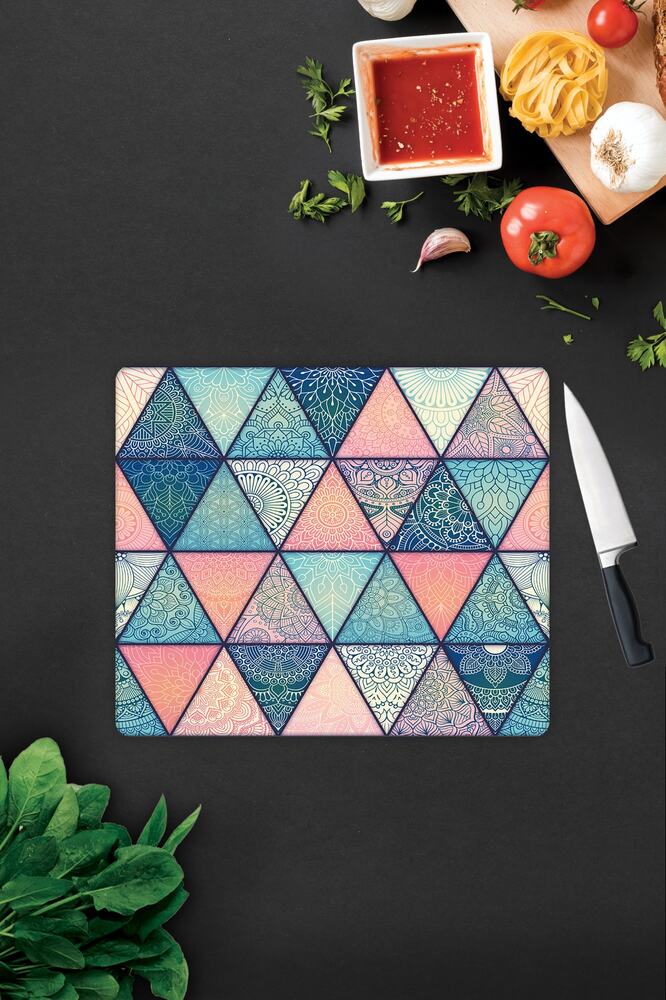 Renkli Mandala Desenli | Cam Kesme Tahtası - Cam Kesme Tablası | 29 cm x 34 cm