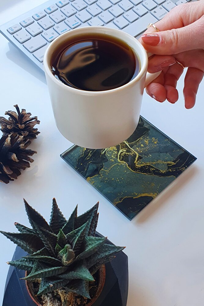 Cam Bardak Altlığı | 4'lü Takım Kahverengi Simli | 10cm X 10cm