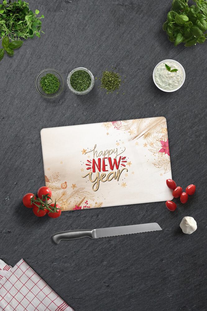 Cam Kesme Tahtası - Cam Kesme Tablası | Happy New Year - Gold | 20cm X 30cm