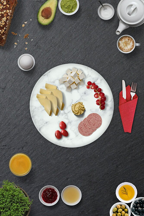 2'li Takım | Cam Tabak - Kahvaltı Tabağı - Pasta Tabağı | Klasik Mermer Desenli | Çap32cm