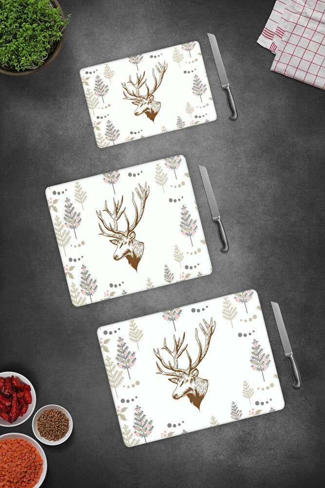 3'lü Takım Cervus Deer | Cam Kesme Tahtası - Cam Kesme Tablası