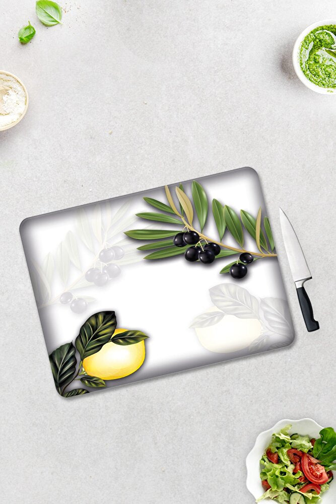 Zeytin Ve Limon Desen | Cam Kesme Tahtası - Cam Kesme Tablası | 30cm X 40cm