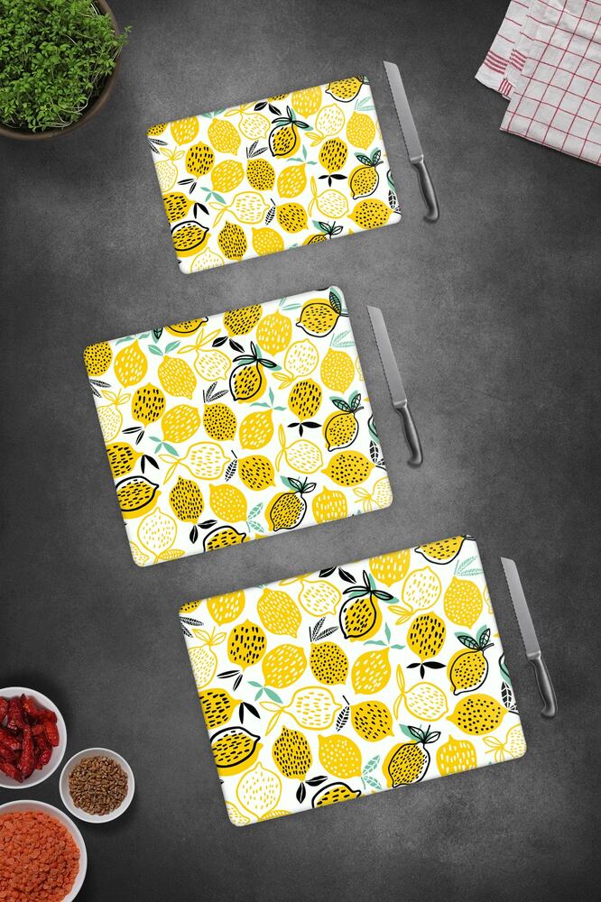 3'lü Takım Sarı Limonlar | Cam Kesme Tahtası - Cam Kesme Tablası