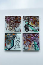 Cam Bardak Altlığı | Retro Coffee | 4'lü Takım | 10cm X 10cm