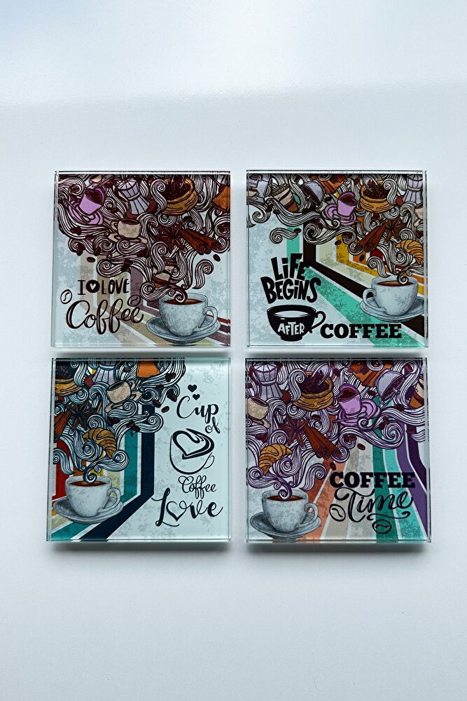 Cam Bardak Altlığı | Retro Coffee | 4'lü Takım | 10cm X 10cm