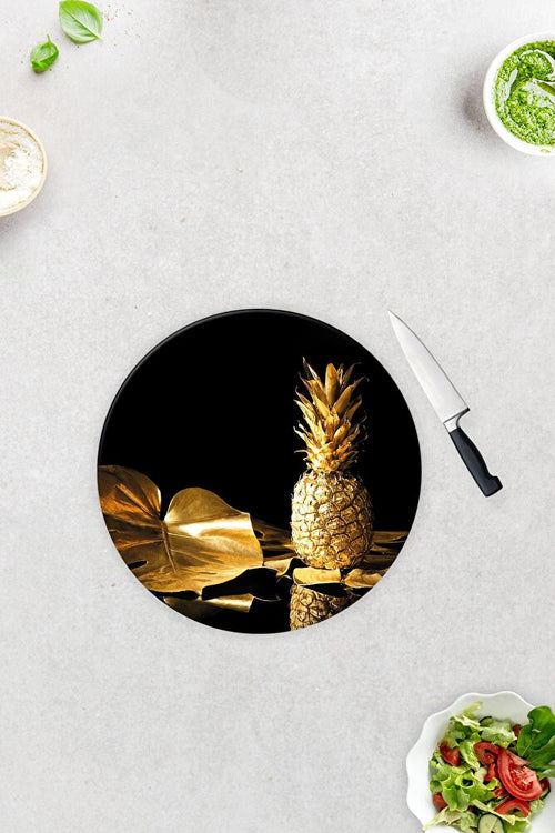 Altın Ananas | Cam Kesme Tahtası - Cam Kesme Tablası | Çap32 Cm