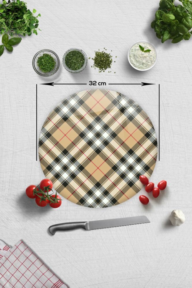 Cam Kesme Tahtası - Cam Kesme Tablası | Krem Ekose Desen | Çap 32cm