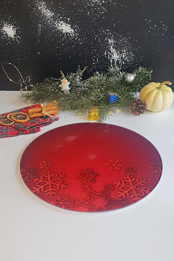 Cam Kesme Tahtası - Cam Kesme Tablası | Happy New Year Kırmızı | Çap32 Cm