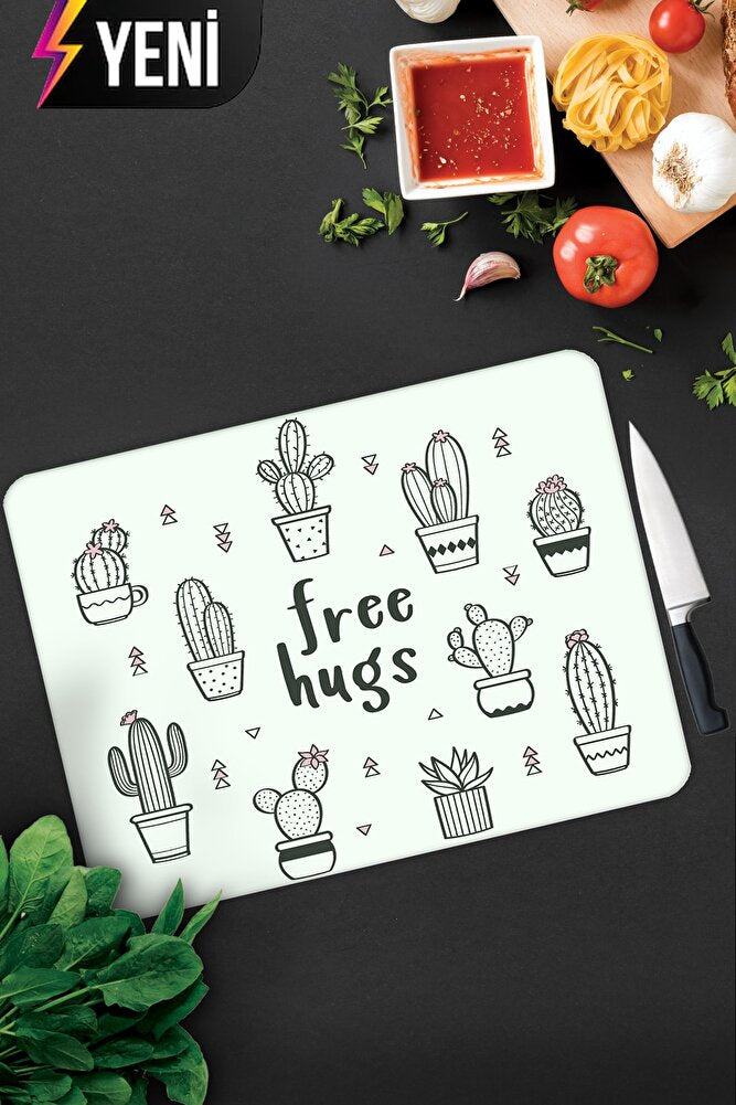 Free Hugs | Cam Kesme Tahtası - Cam Kesme Tablası | Çap 32cm