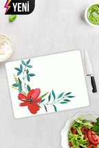 Çiçek Motifi Desenli | Cam Kesme Tahtası - Cam Kesme Tablası | Çap 32cm