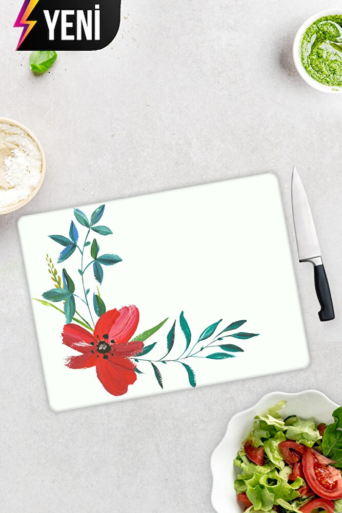 Çiçek Motifi Desenli | Cam Kesme Tahtası - Cam Kesme Tablası | Çap 32cm