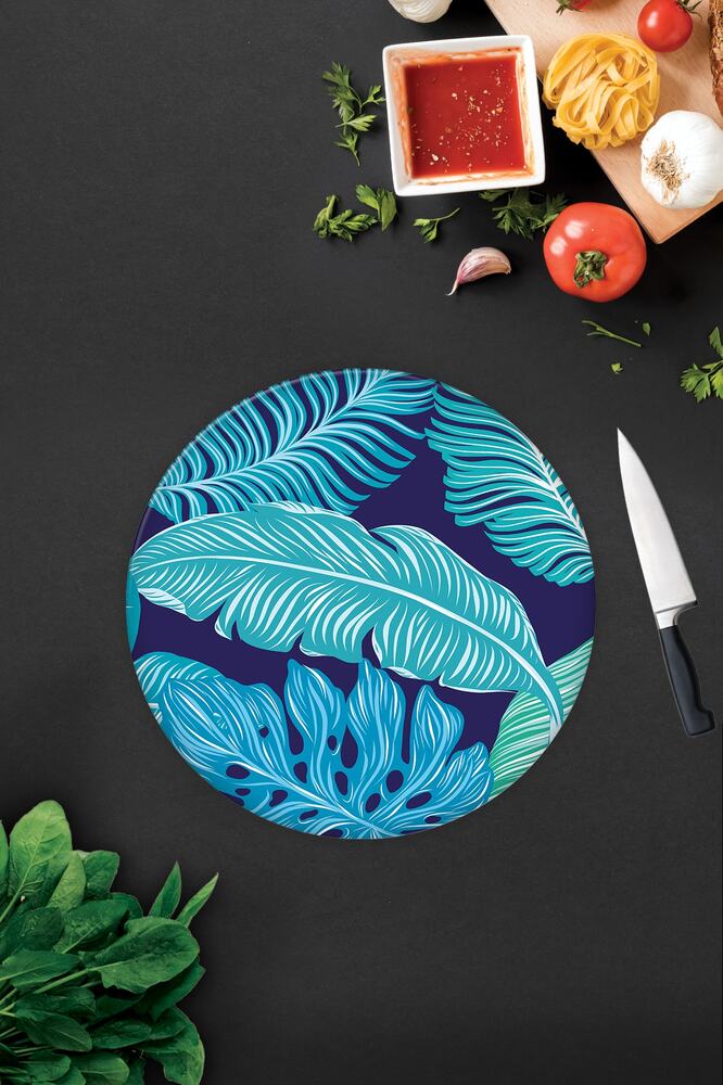 Mavi Tropik Yapraklar | Cam Kesme Tahtası - Cam Kesme Tablası | 30 cm x 40 cm
