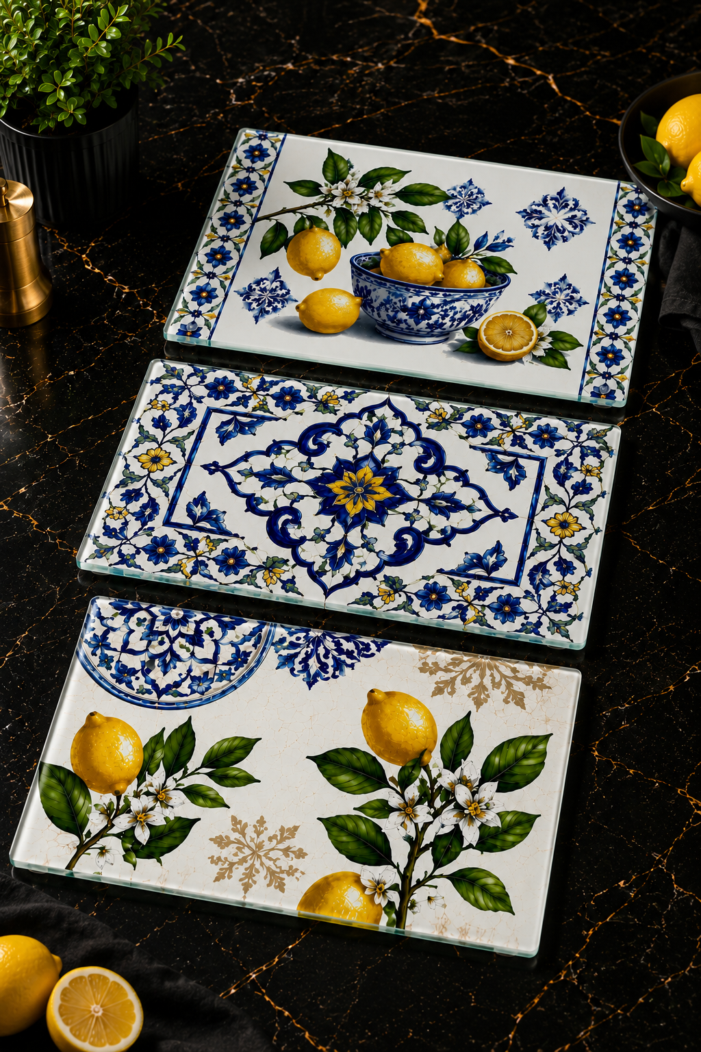 3'lü Cam Kesme Tahtası | Akdeniz Rüyası Limon ve Çini Desenli | 17cm x 29cm