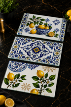 3'lü Cam Kesme Tahtası | Akdeniz Rüyası Limon ve Çini Desenli | 17cm x 29cm