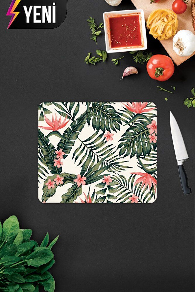 Botanik Desenli | Cam Kesme Tahtası - Cam Kesme Tablası | Çap 32cm