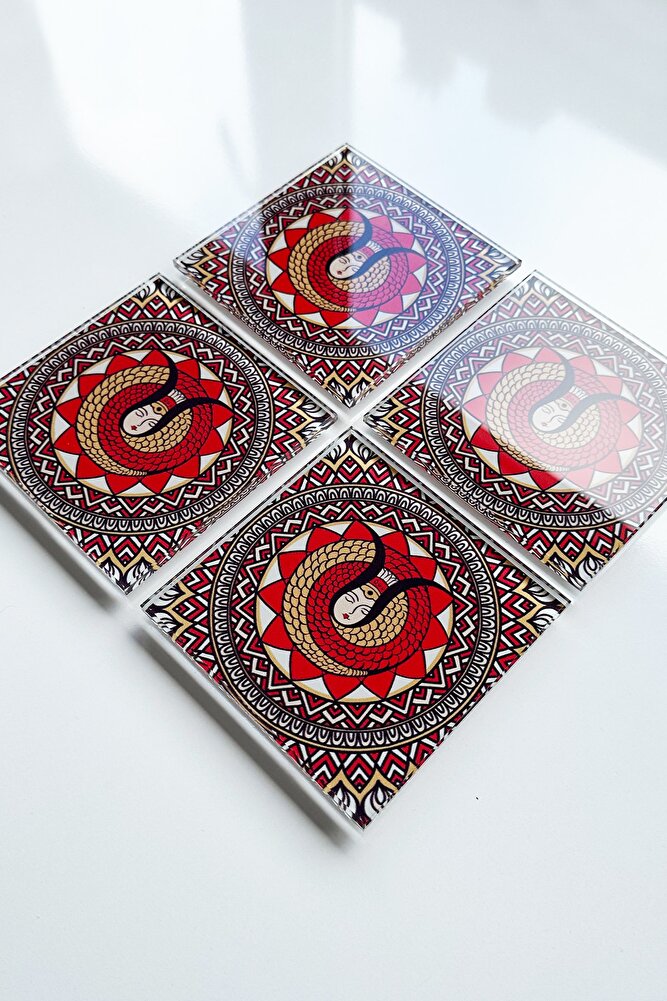 Cam Bardak Altlığı | Modern Şahmeran | 4'lü Takım | 10cm X 10cm