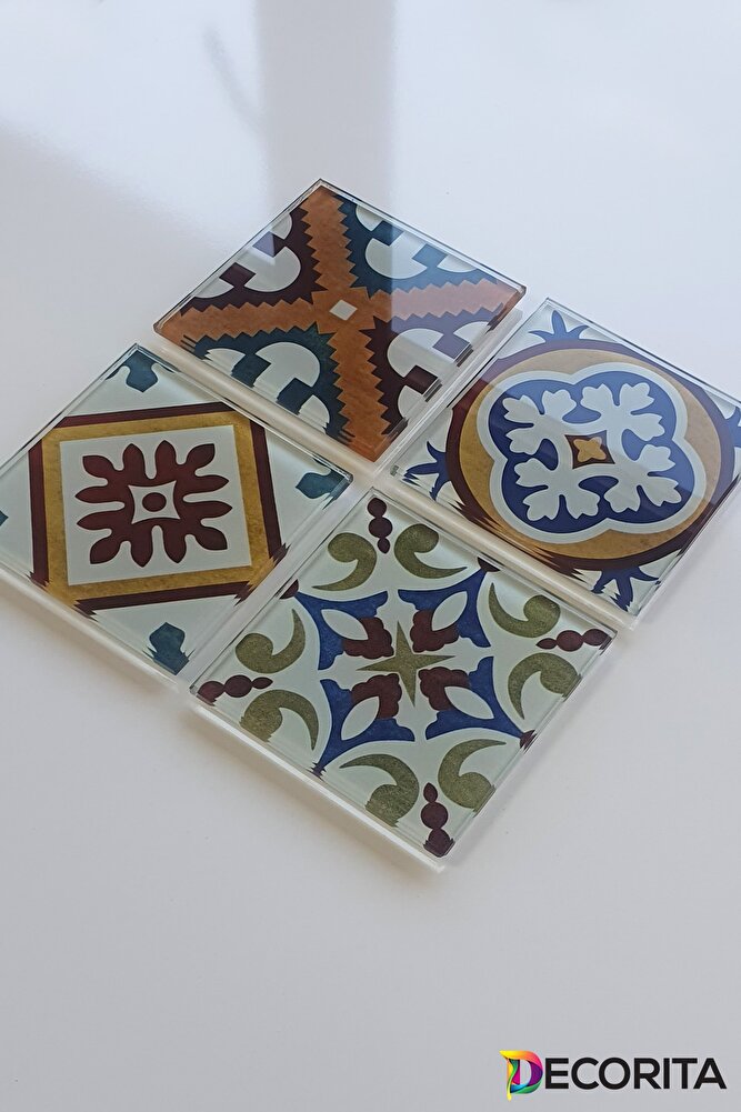Cam Bardak Altlığı | Çini Desen | 4'lü Takım | 10cm X 10cm