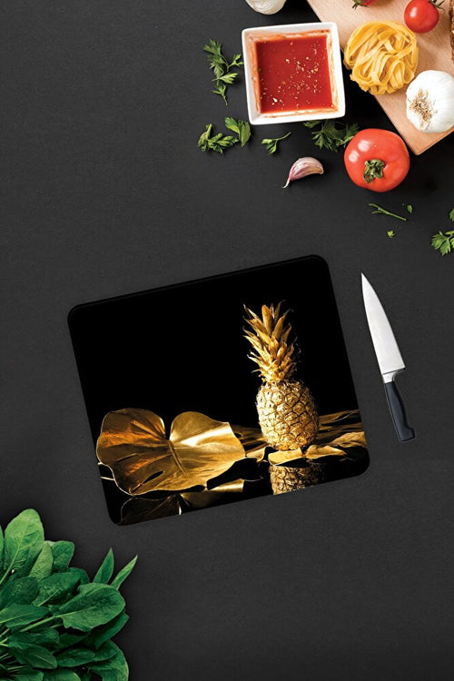 Altın Ananas | Cam Kesme Tahtası - Cam Kesme Tablası | 29cm X 34cm