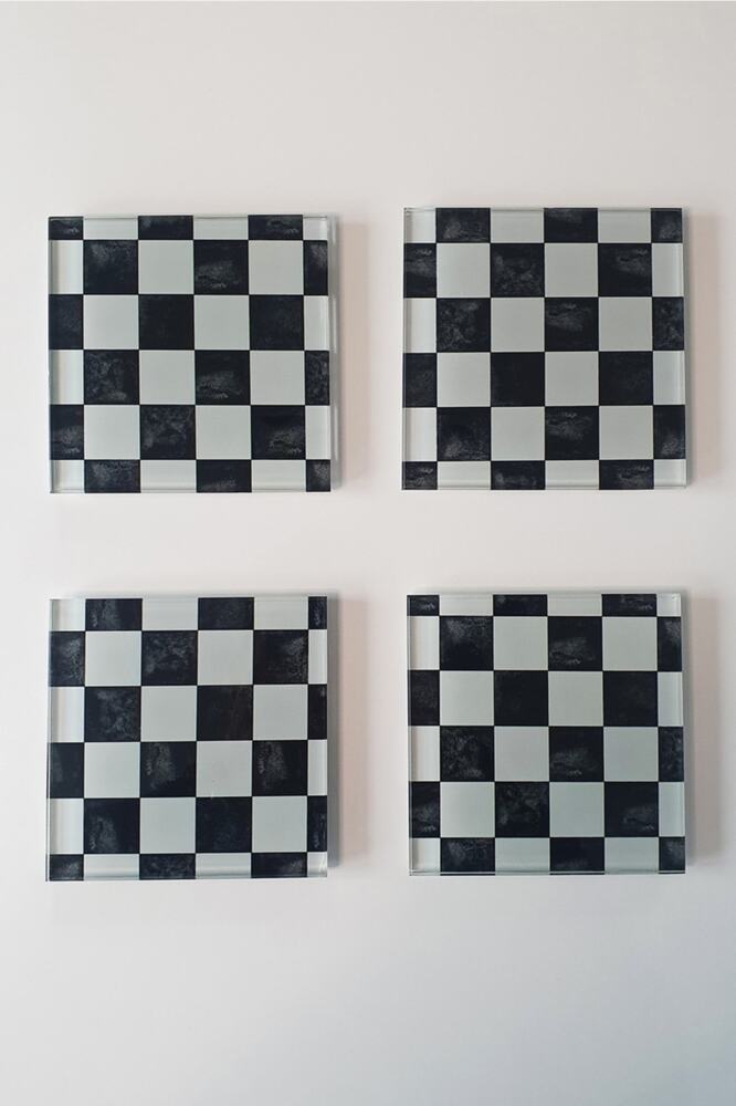 Cam Bardak Altlığı | 4'lü Takım Damalı Desen | 10cm X 10cm