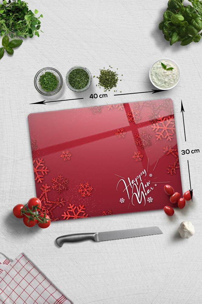 Cam Kesme Tahtası - Cam Kesme Tablası | Happy New Year Kırmızı | 30cm X 40cm