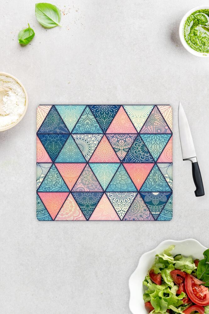 Renkli Mandala Desenli | Cam Kesme Tahtası - Cam Kesme Tablası | 29 cm x 34 cm