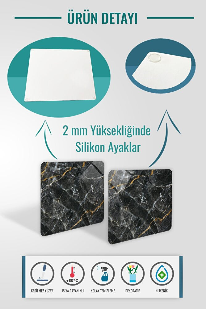 2'li Takım | Cam Tabak - Kahvaltı Tabağı | Kahverengi Detaylı Siyah Mermer Görünümlü | 29cm X 34cm