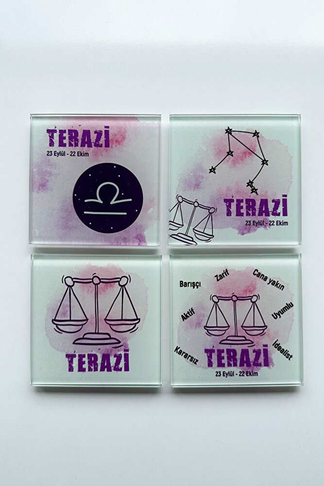 Cam Bardak Altlığı | Burçlar - Terazi Burcu | 4'lü Takım | 10cm X 10cm