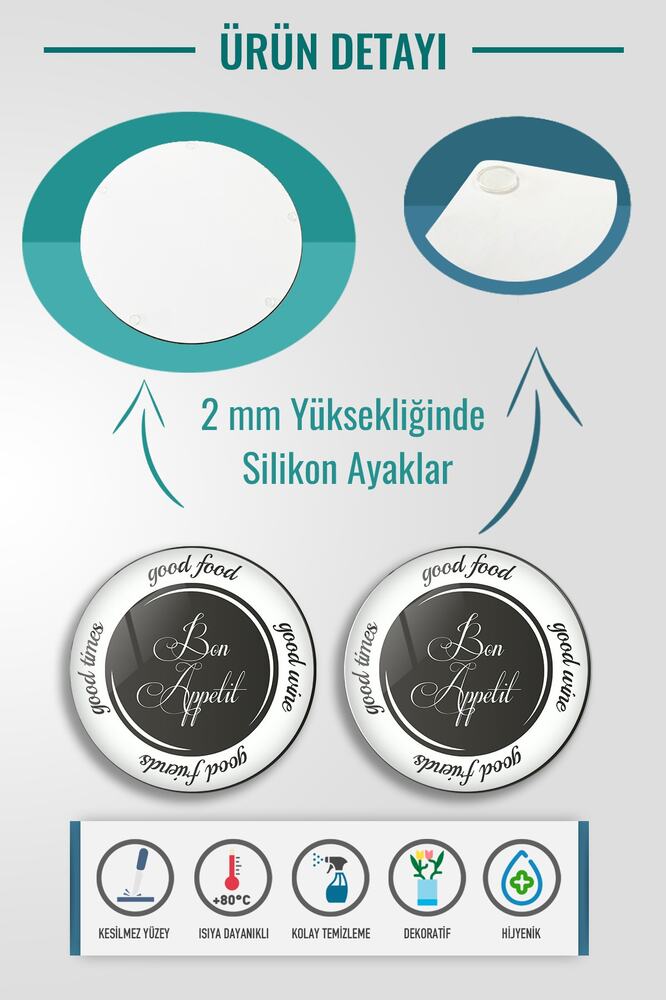 2'li Takım | Cam Tabak - Kahvaltı Tabağı - Pasta Tabağı | Good Food - Siyah Fon | 29cm X 34cm