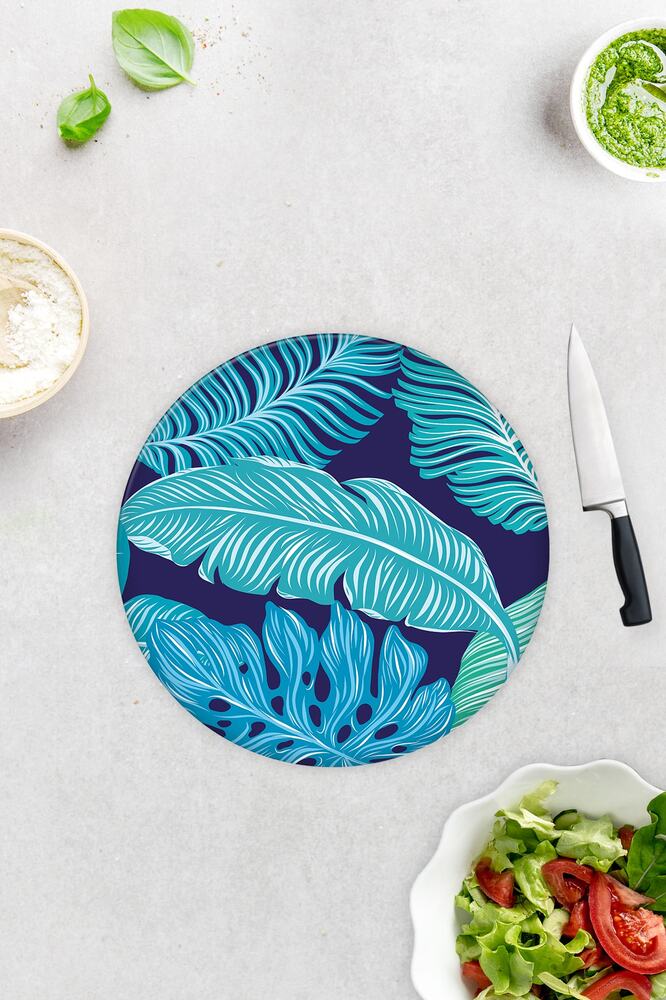 Mavi Tropik Yapraklar | Cam Kesme Tahtası - Cam Kesme Tablası | 30 cm x 40 cm