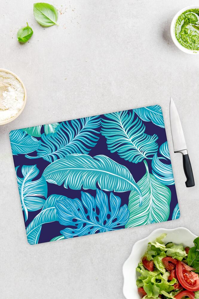 Mavi Tropik Yapraklar | Cam Kesme Tahtası - Cam Kesme Tablası | 30 cm x 40 cm
