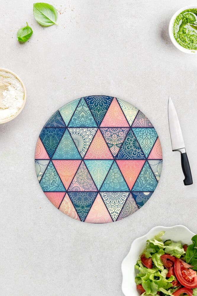 Renkli Mandala Desenli | Cam Kesme Tahtası - Cam Kesme Tablası | 29 cm x 34 cm