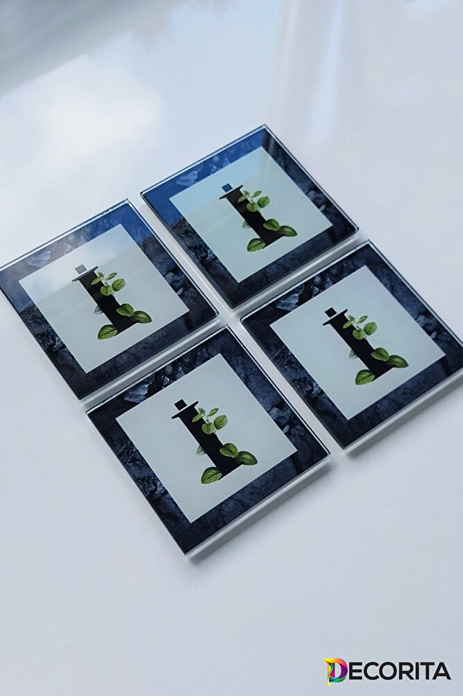 Cam Bardak Altlığı | Harfli Tasarım | 4'lü Takım | I? Harfi | 10cm X 10cm