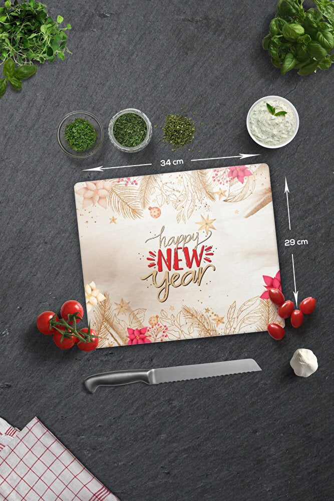 Cam Kesme Tahtası - Cam Kesme Tablası | Happy New Year - Gold | 29cm X 34cm