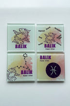 Cam Bardak Altlığı | Burçlar - Balık Burcu | 4'lü Takım | 10cm X 10cm
