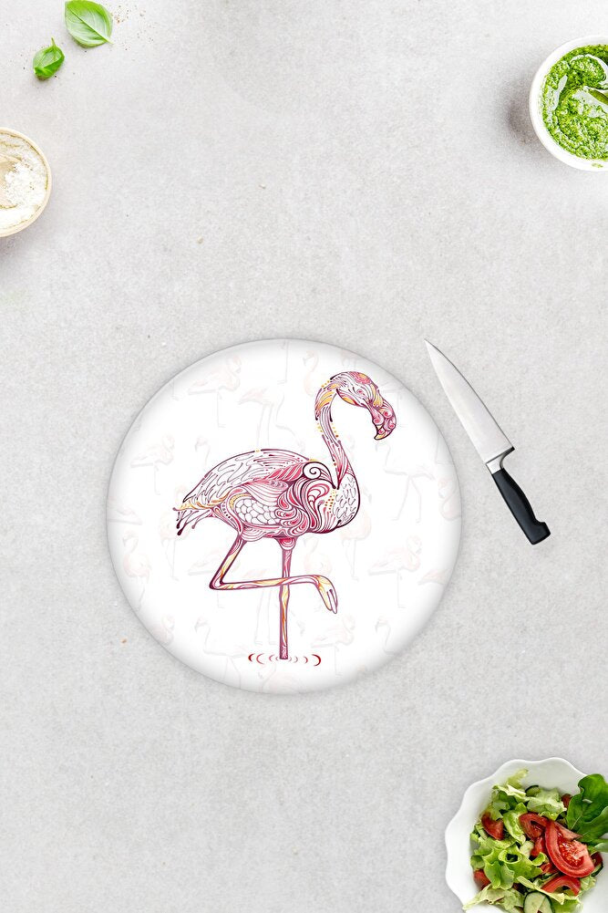 Flamingo Desen | Cam Kesme Tahtası - Cam Kesme Tablası | Daire Çap 32cm