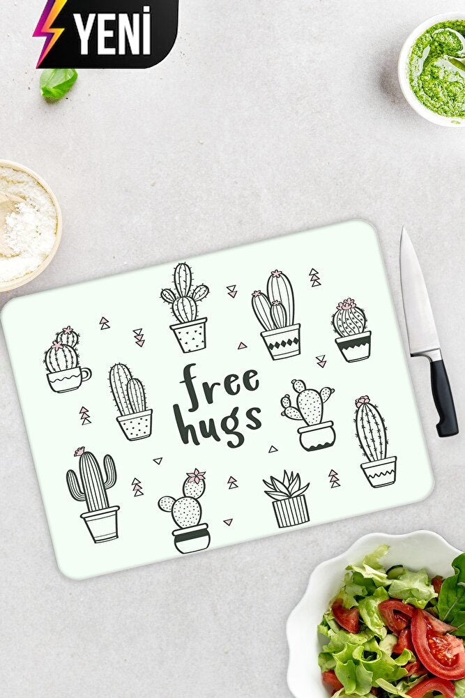 Free Hugs | Cam Kesme Tahtası - Cam Kesme Tablası | Çap 32cm