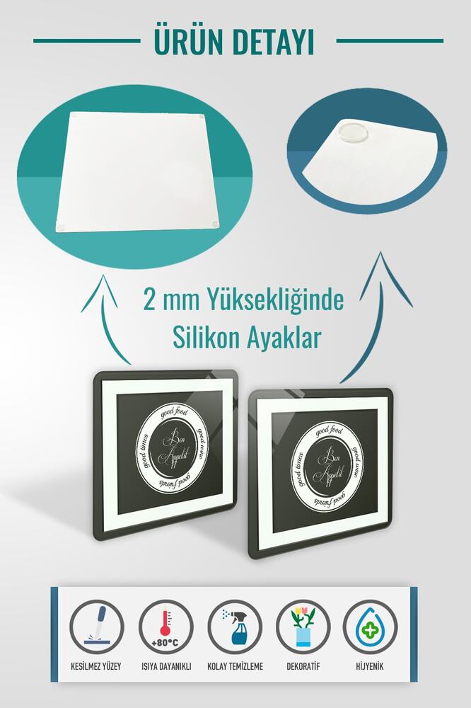 2'li Takım | Cam Tabak - Kahvaltı Tabağı - Pasta Tabağı | Good Food - Siyah Fon | 29cm X 34cm