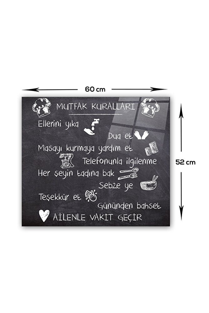 Cam Ocak Arkası Koruyucu | Mutfak Kuralları - Kara Tahta Görünümlü | 40cm X 60cm